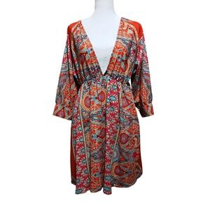 Boho‎ Paisley Print V-Neck Mini Dress Red Orange Blue Long Sleeve Small